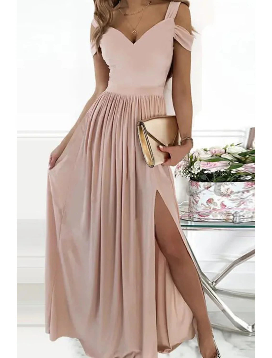 Women‘s Cold Shoulder V Neck Long Short Sleeve Pure Color Romantic Party Homecoming Dress